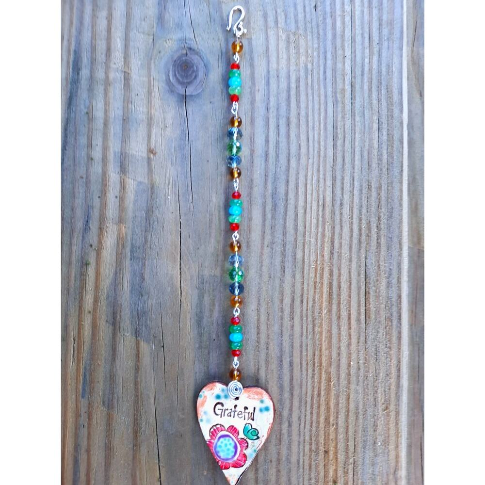 Artisan Beaded Suncatcher Ceramic Heart GRATEFUL Colorful Crystals Floral Mobile